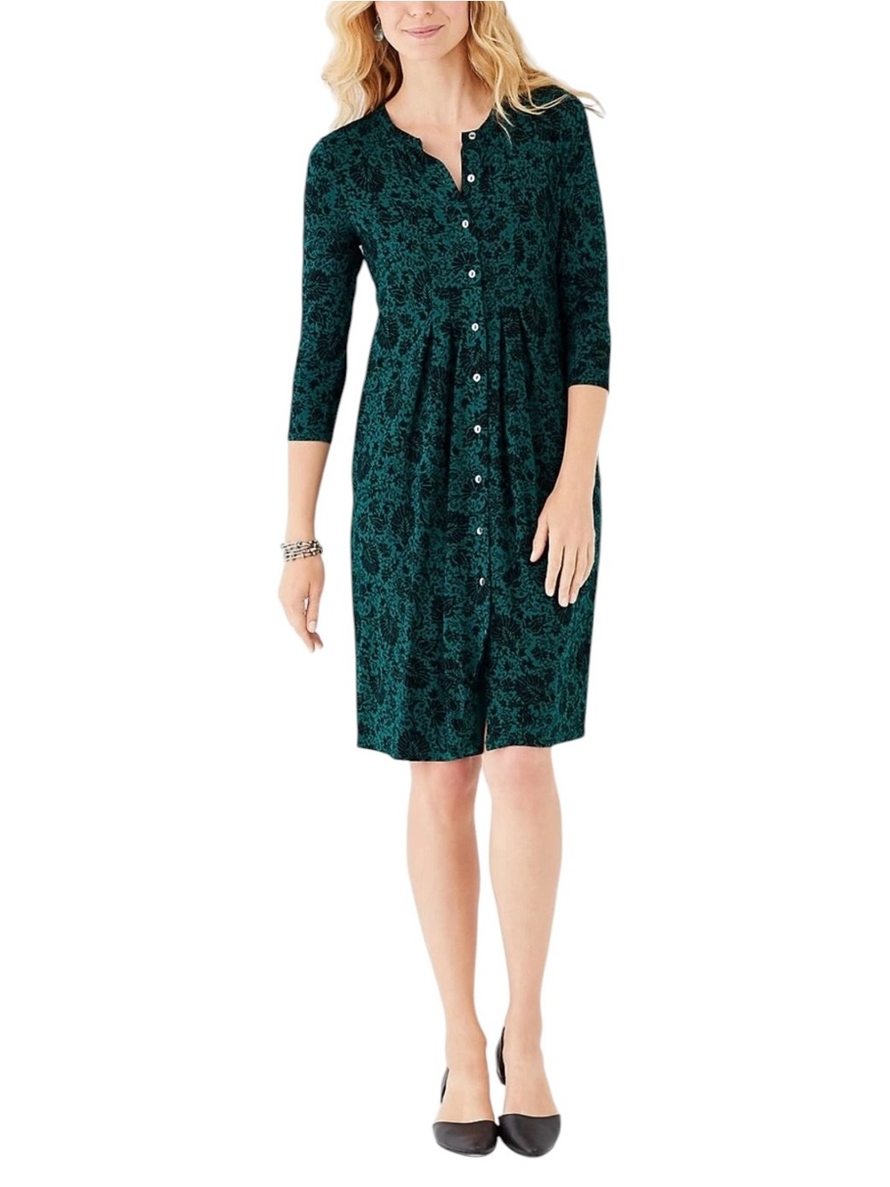 J.Jill Luxurious Pleated Knit Shirt Dress Viridian Deco Scroll Women’s Medium